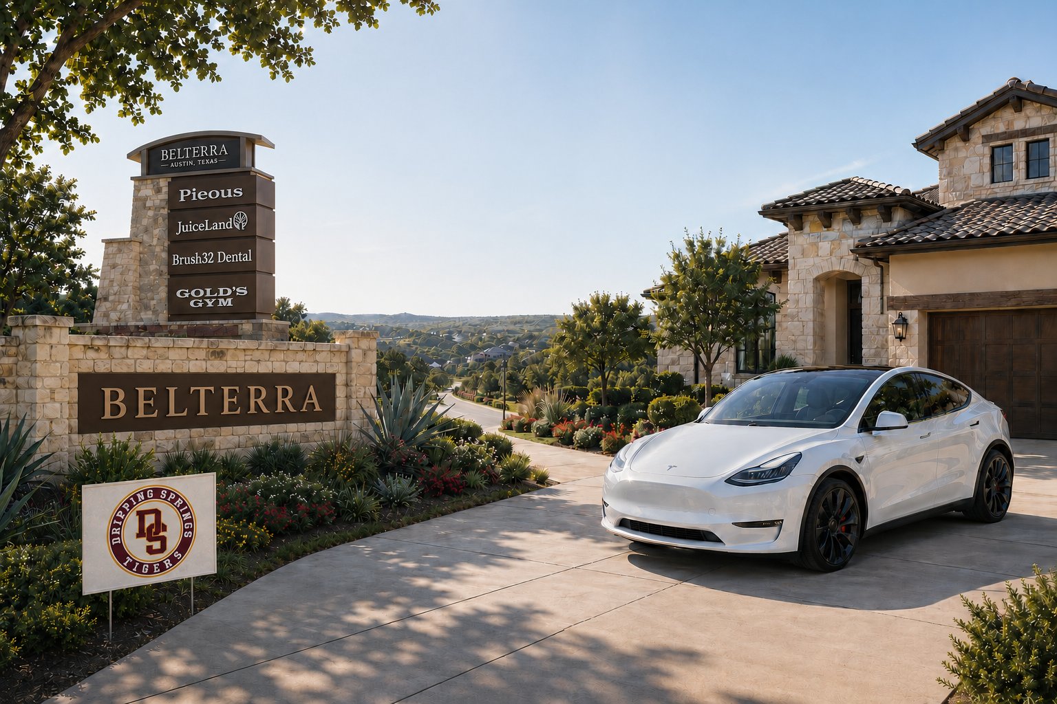 Tesla Model 3 in a Belterra driveway — CurrentDetail mobile detailing service