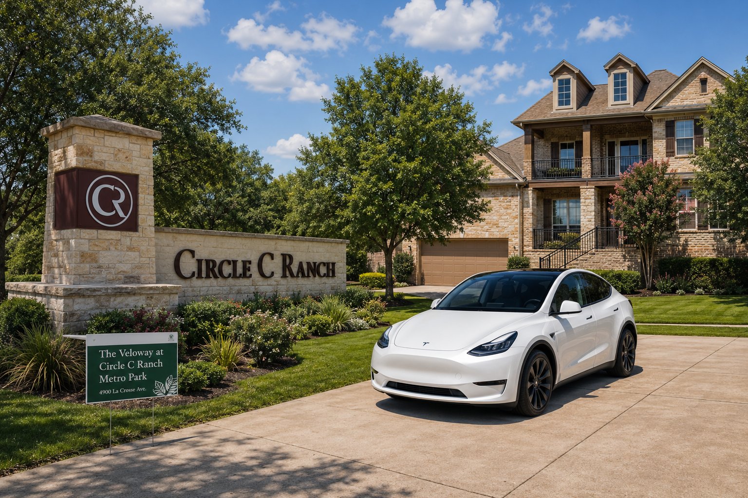 Tesla in a Circle C Ranch driveway — CurrentDetail mobile detailing service