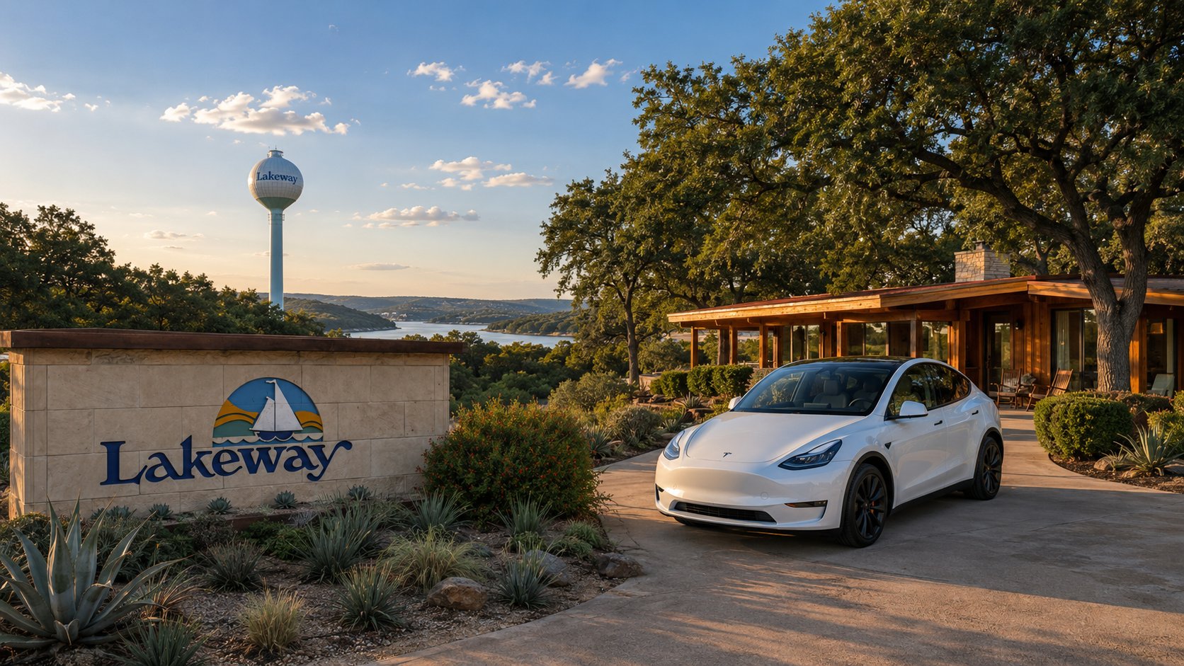 Tesla in a Lakeway driveway — CurrentDetail mobile detailing service