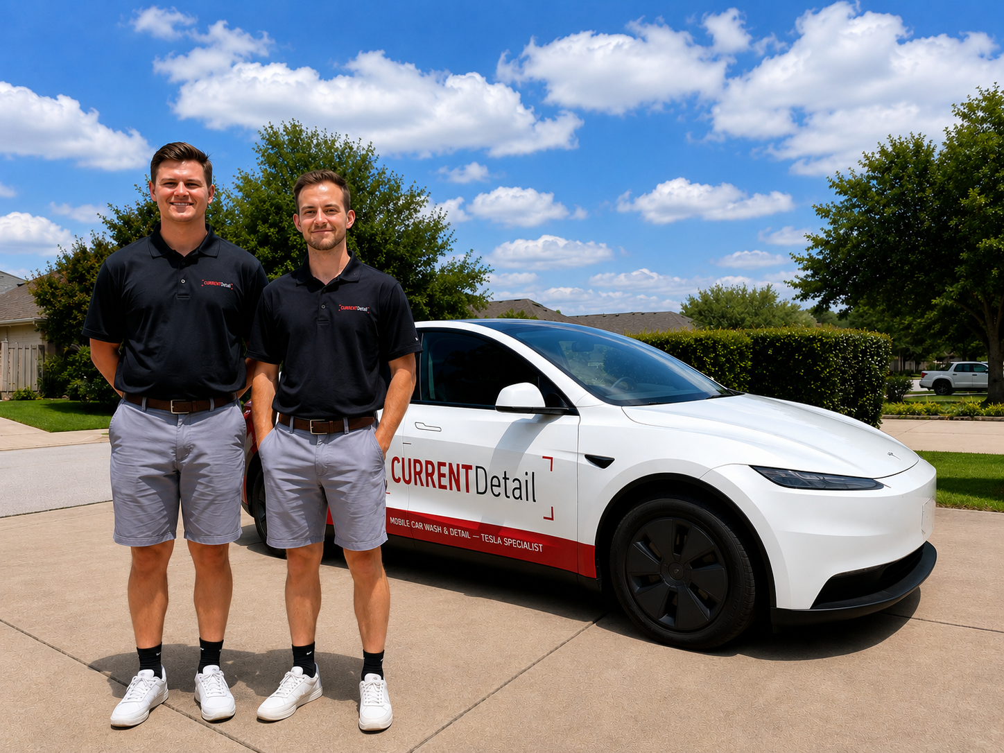 Parker Gleason and Liam Clegg, founders of CurrentDetail, with the wrapped service vehicle in Austin