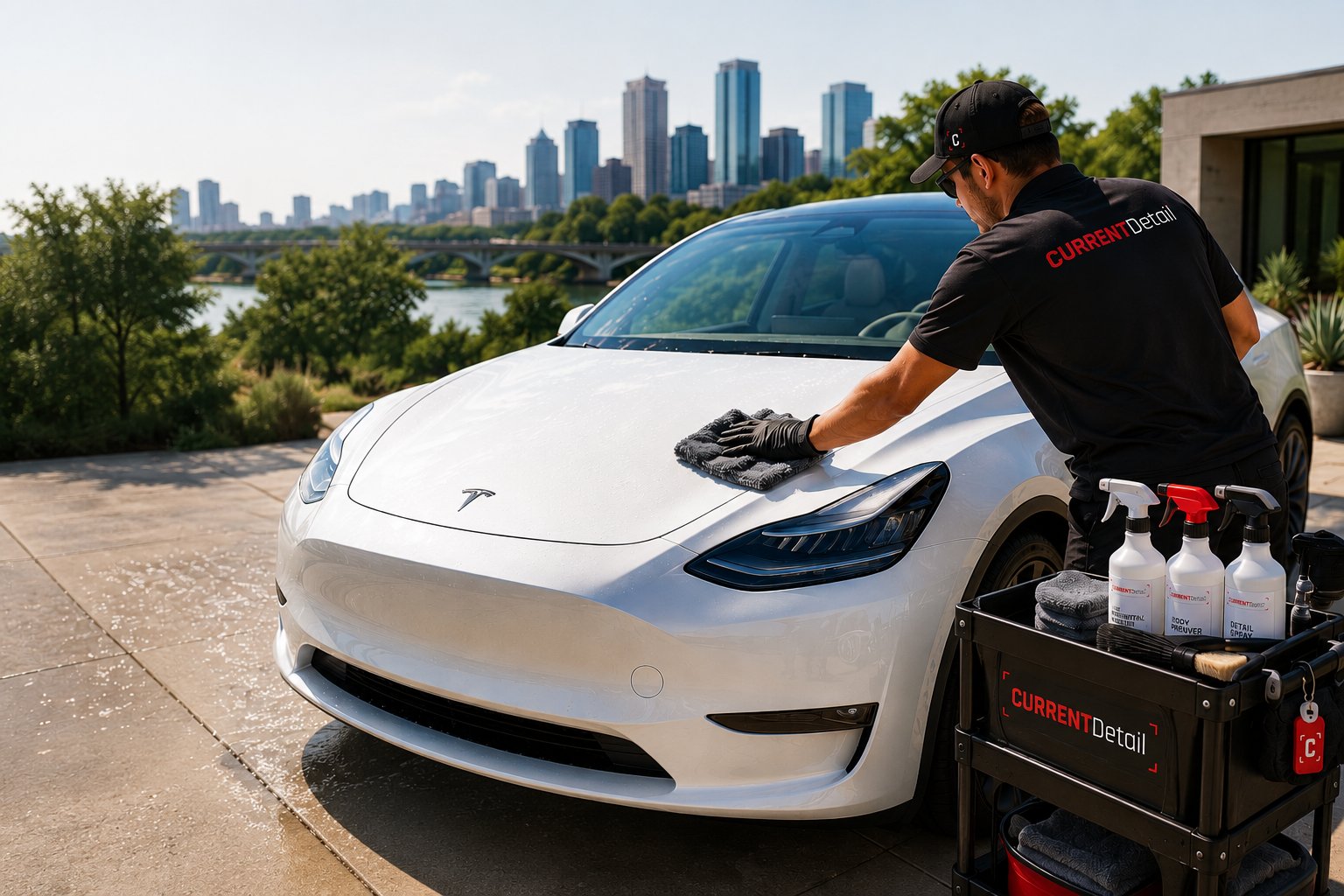 Parker from CurrentDetail detailing a Tesla Model Y in Austin, Texas